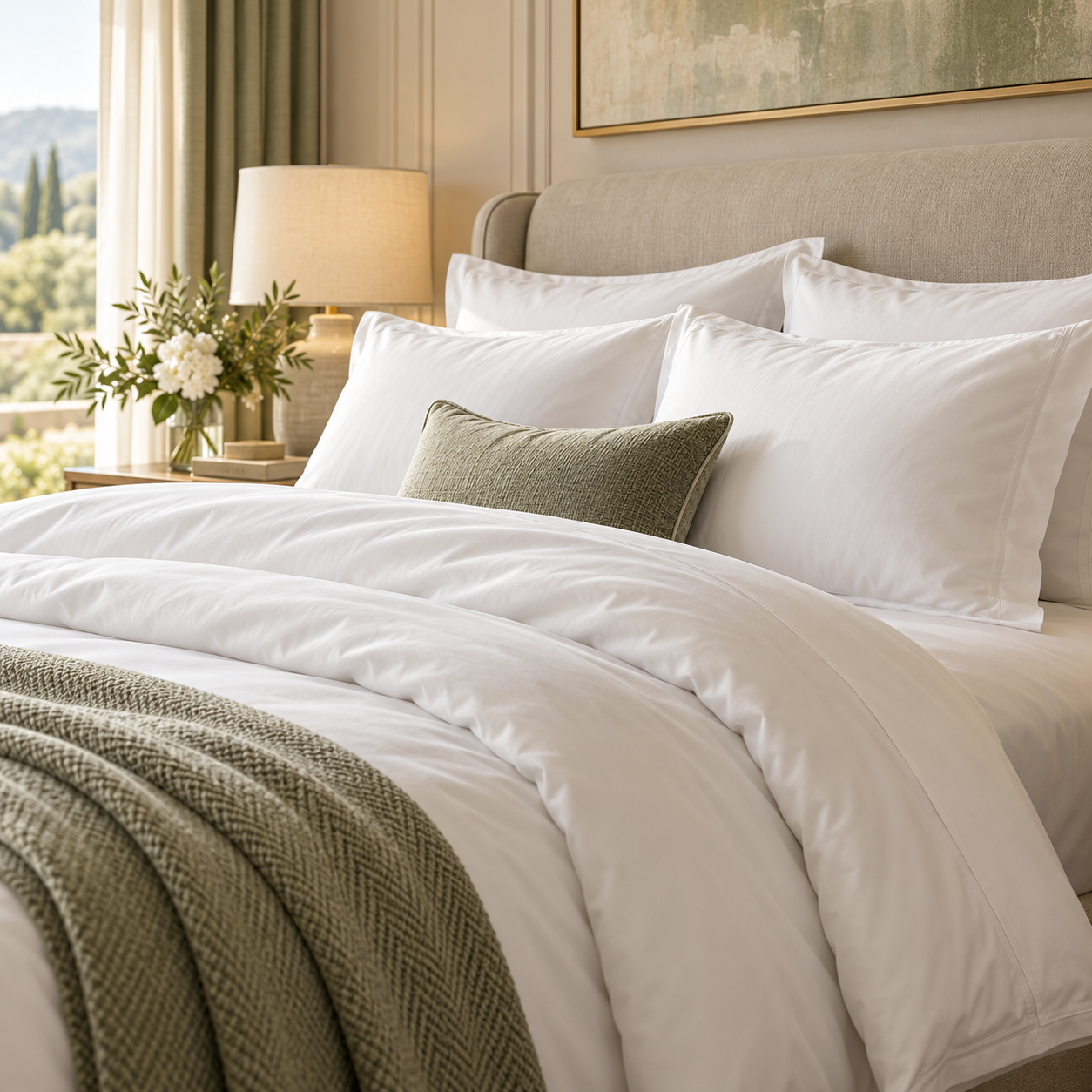 Luxury hotel bed with white linen